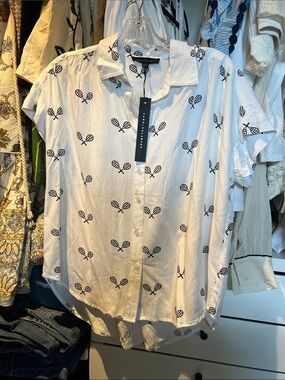 Jane and Delancey White Button-Up Blouse with Navy Tennis Racket Print